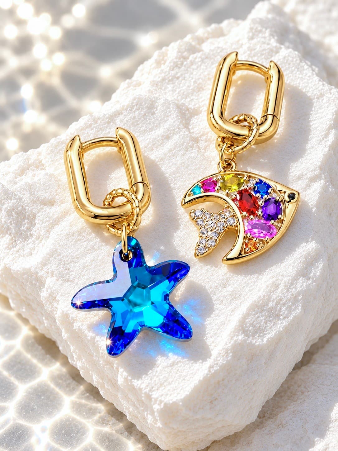 Серьги "Морская звезда и Рыбка Swarovski" crystal blue multicolor