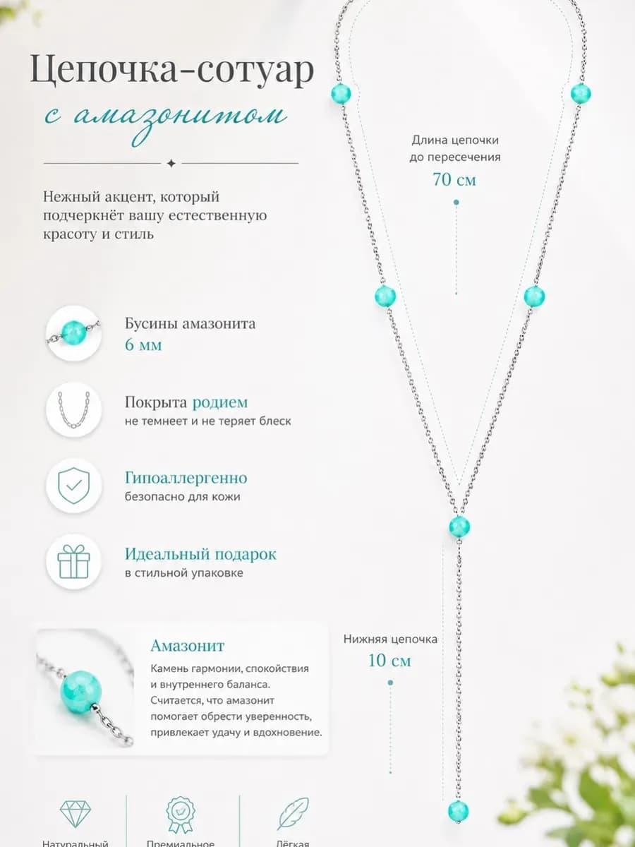 Цепочка сотуар длинная с амазонитом