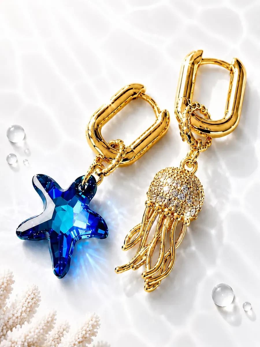 Серьги асимметричные Swarovski морская звезда медуза