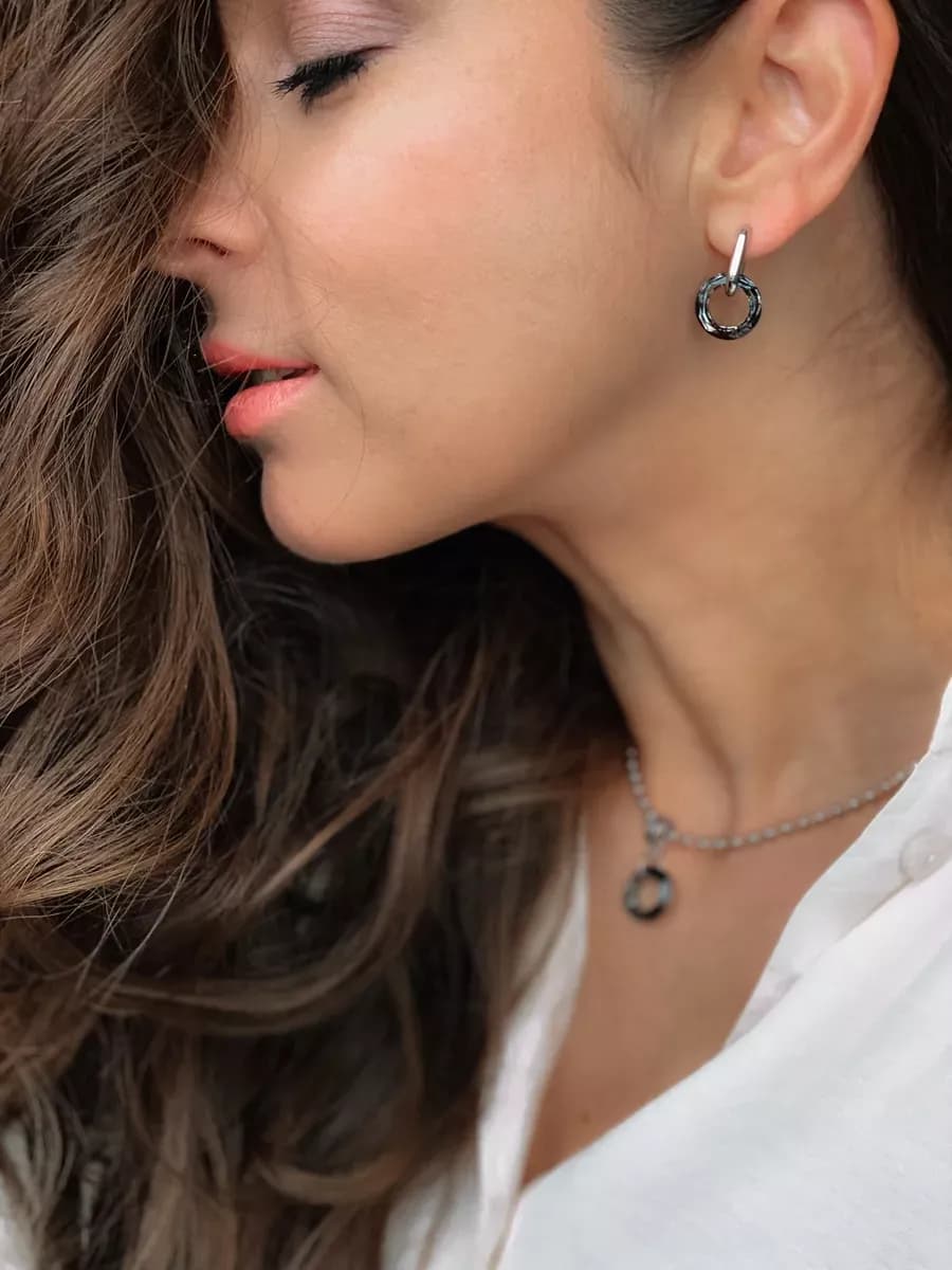 Серьги "бублики черный бриллиант" swarovski 15мм